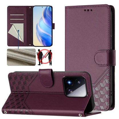Étui de téléphone en cuir RFID avec gaufrage nid d'abeille, pour Redmi 15 5G Global / 15 4G SEA 169.5mm, pour Xiaomi 15T Pro 5G, pour Xiaomi 15T 5G, pour Xiaomi Civi 5 Pro 5G, pour Xiaomi 15S Pro 5G, pour Xiaomi Poco M6 Plus / Redmi 13x 4G