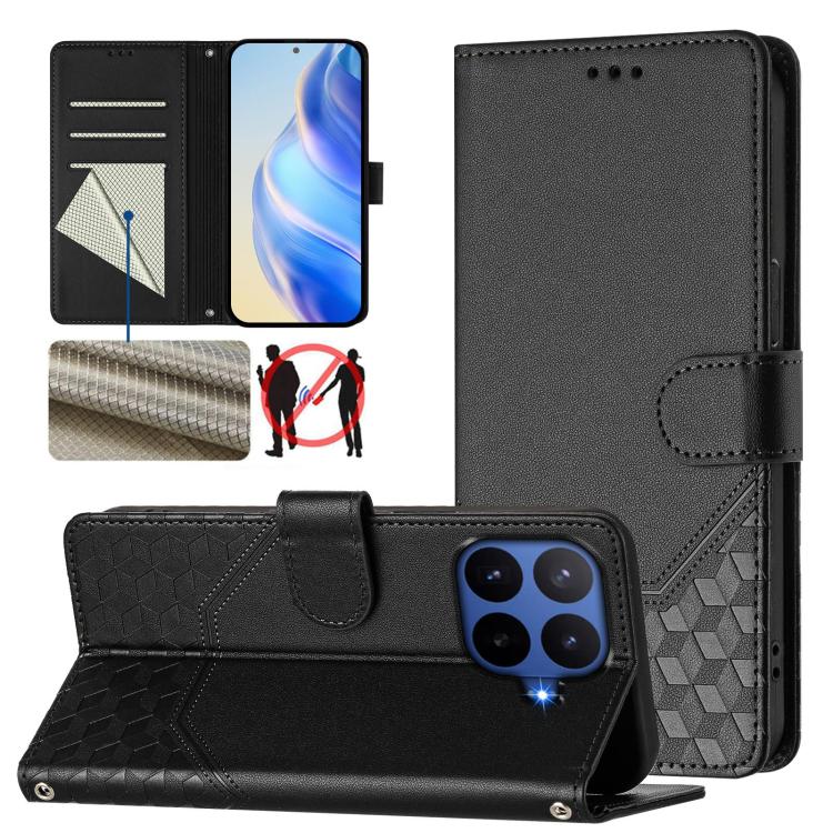 Étui de téléphone en cuir RFID avec gaufrage nid d'abeille, pour Redmi 15 5G Global / 15 4G SEA 169.5mm, pour Xiaomi 15T Pro 5G, pour Xiaomi 15T 5G, pour Xiaomi Civi 5 Pro 5G, pour Xiaomi 15S Pro 5G, pour Xiaomi Poco M6 Plus / Redmi 13x 4G
