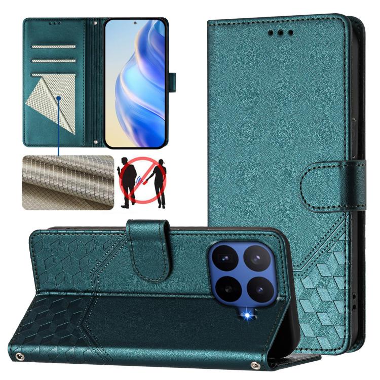 Étui de téléphone en cuir RFID avec gaufrage nid d'abeille, pour Redmi 15 5G Global / 15 4G SEA 169.5mm, pour Xiaomi 15T Pro 5G, pour Xiaomi 15T 5G, pour Xiaomi Civi 5 Pro 5G, pour Xiaomi 15S Pro 5G, pour Xiaomi Poco M6 Plus / Redmi 13x 4G