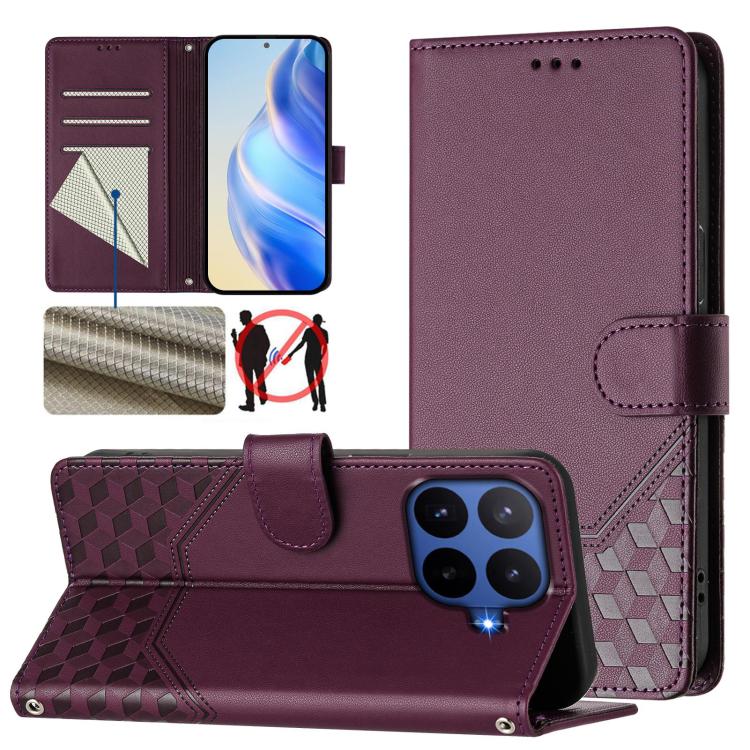 Étui de téléphone en cuir RFID avec gaufrage nid d'abeille, pour Redmi 15 5G Global / 15 4G SEA 169.5mm, pour Xiaomi 15T Pro 5G, pour Xiaomi 15T 5G, pour Xiaomi Civi 5 Pro 5G, pour Xiaomi 15S Pro 5G, pour Xiaomi Poco M6 Plus / Redmi 13x 4G