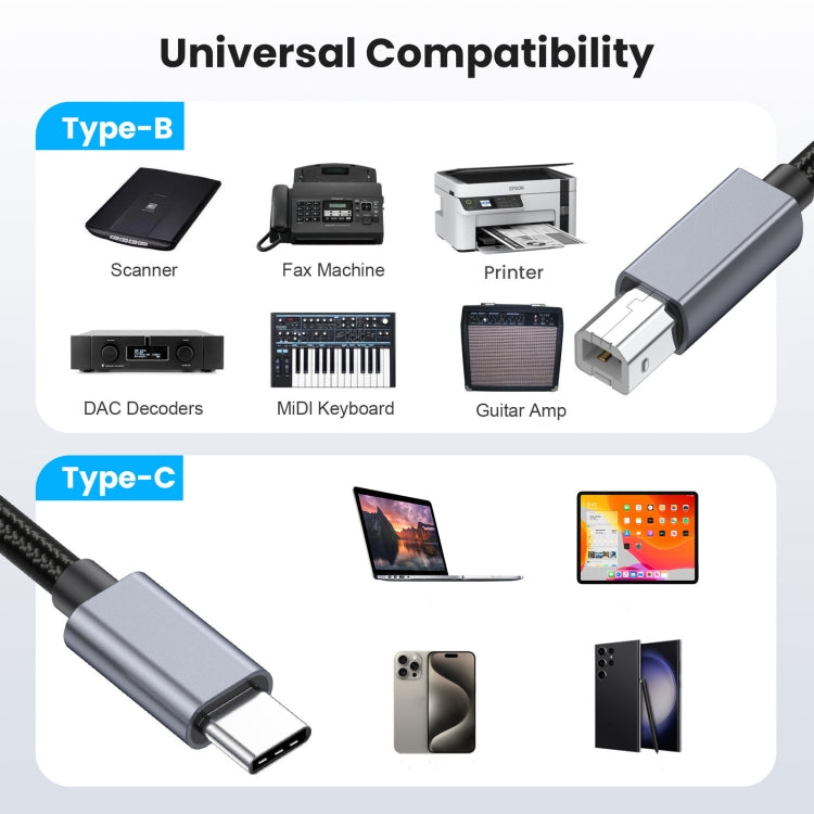 USB-C / Type-C to USB-B BM Printer MIDI Keyboard Adapter Cable, 0.5m, 1.8m, 3m