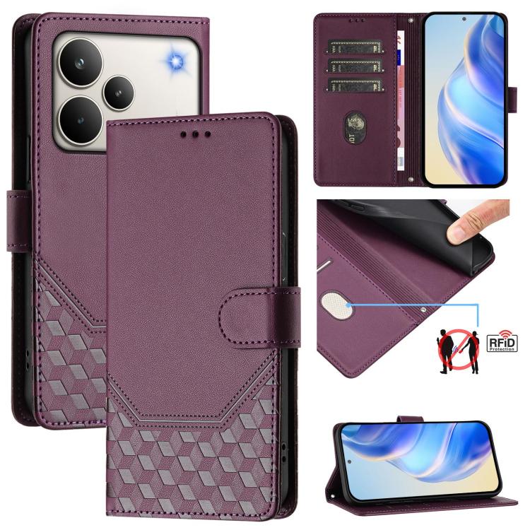 Honeycomb Embossing RFID Leather Phone Case, For Realme P4x 5G / OnePlus Nord CE6 Lite, For Realme 16T 5G Global, For Realme C100 5G, For Realme P4 Power 5G, For Realme Note 80 4G Global, For Realme C83 5G India, For Realme 16 5G Global                ...