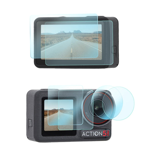 Protectores de lente Sunnylife 3 en 1 para pantalla frontal y trasera de DJI Osmo Action 5 Pro, láminas de vidrio templado, 1 + 1 + 1 juegos, 2 + 2 + 2 juegos