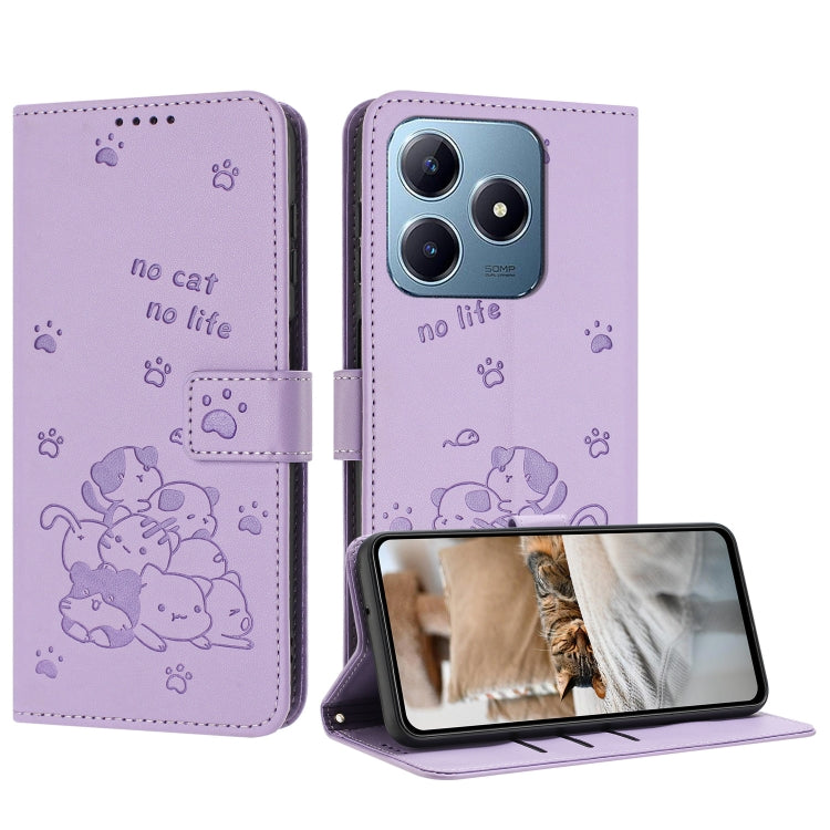 Étui en cuir gaufré chat pour téléphone avec cordon, pour Realme 13 Pro 5G Global, pour Realme 12 5G / 12x 5G Global, pour Realme 12+ 5G Global / 12 4G, pour Realme C67 4G Global, pour Realme 12 Pro+ / 12 Pro, pour Realme C53 / Narzo N53