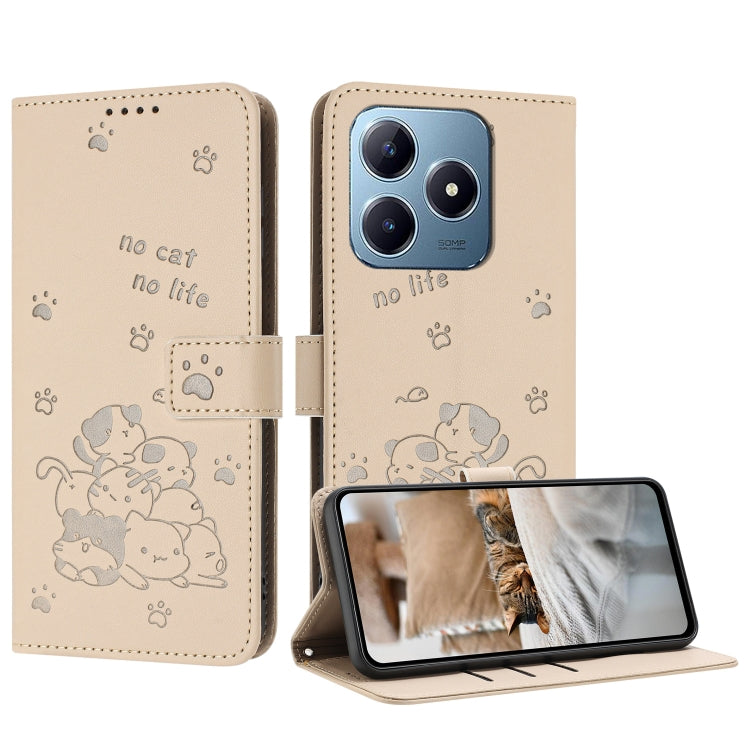 Étui en cuir gaufré chat pour téléphone avec cordon, pour Realme 13 Pro 5G Global, pour Realme 12 5G / 12x 5G Global, pour Realme 12+ 5G Global / 12 4G, pour Realme C67 4G Global, pour Realme 12 Pro+ / 12 Pro, pour Realme C53 / Narzo N53