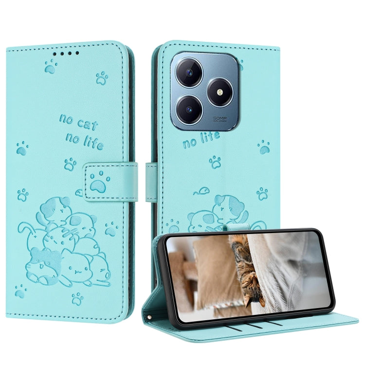 Étui en cuir gaufré chat pour téléphone avec cordon, pour Realme 13 Pro 5G Global, pour Realme 12 5G / 12x 5G Global, pour Realme 12+ 5G Global / 12 4G, pour Realme C67 4G Global, pour Realme 12 Pro+ / 12 Pro, pour Realme C53 / Narzo N53
