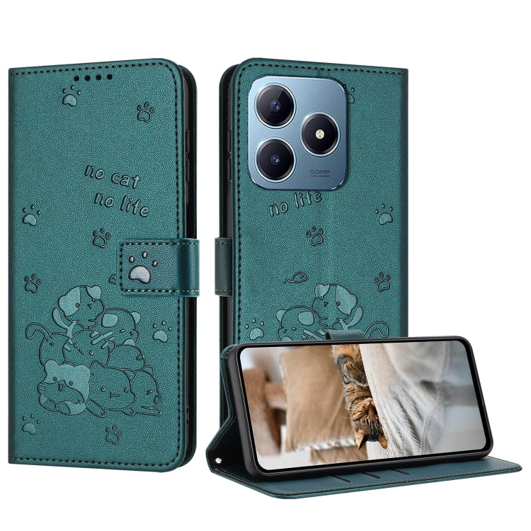 Étui en cuir gaufré chat pour téléphone avec cordon, pour Realme 13 Pro 5G Global, pour Realme 12 5G / 12x 5G Global, pour Realme 12+ 5G Global / 12 4G, pour Realme C67 4G Global, pour Realme 12 Pro+ / 12 Pro, pour Realme C53 / Narzo N53