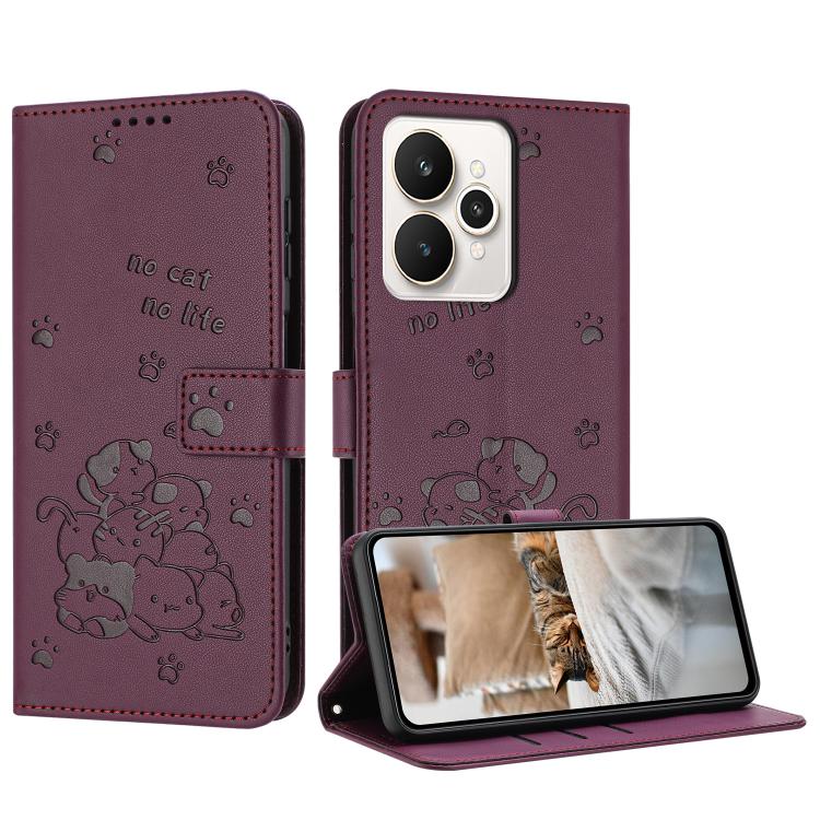 Embossed Kitten Phone Leather Case with Lanyard, For Realme C100 / 100i / 100x 4G, For Realme P4 Power 5G, For Realme 16 5G, For Realme 16 Pro+ 5G, For Realme 16 Pro 5G, For Realme C85 5G / 15x  5G India, For Realme C85 Pro 4G, For Realme 15T 5G       ...