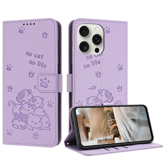 Embossed Kitten Phone Leather Case with Lanyard, For iPhone 14 Pro Max, For iPhone SE 2022 / 2020, For iPhone 13 Pro Max, For iPhone 13 Pro, For iPhone 13 mini, For iPhone 12 / 12 Pro, For iPhone 12 Pro Max, For iPhone 11 Pro Max, For iPhone 11