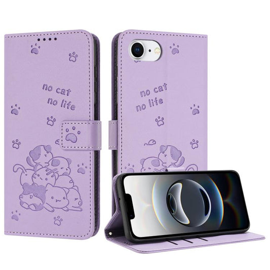 Embossed Kitten Phone Leather Case with Lanyard, For iPhone 17e / 16e, For iPhone 17 Pro Max, For iPhone 17 Pro, For iPhone 17, For iPhone Air, For iPhone 16 Pro Max, For iPhone 16 Pro, For iPhone 16 Plus, For iPhone 16, For iPhone 15 Pro Max
