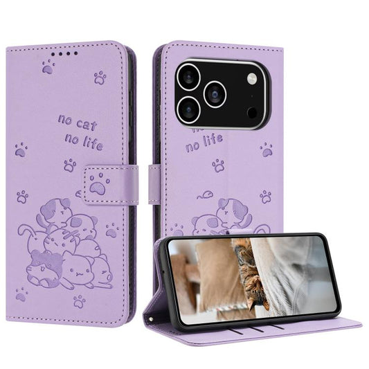 Geprägte Kätzchen-Handyhülle aus Leder mit Umhängeband, für iPhone 17e / 16e, für iPhone 17 Pro Max, für iPhone 17 Pro, für iPhone 17, für iPhone Air, für iPhone 16 Pro Max, für iPhone 16 Pro, für iPhone 16 Plus, für iPhone 16, für iPhone 15 Pro Max