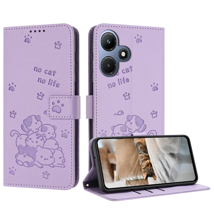 Embossed Kitten Phone Leather Case with Lanyard, For Infinix Hot 30i, For Infinix Hot 30 4G