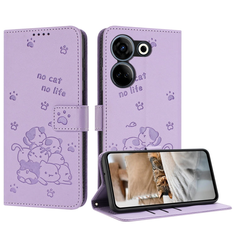 Embossed Kitten Phone Leather Case with Lanyard, For Tecno Spark 20 Pro+ 4G, For Tecno Spark 20 Pro, For Tecno Spark Go 2024 4G, For Tecno Pova 5 Pro, For Tecno Pova 5, For Tecno Camon 20 Premier, For Tecno Camon 20 Pro 5G                              ...