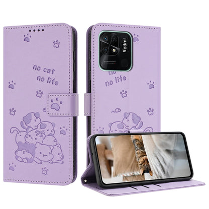 Embossed Kitten Phone Leather Case with Lanyard, For Redmi 10C 4G Global, For Redmi 10 / 10 Prime, For Redmi Note 10 Lite, For Redmi Note 10 5G / Note 10T 5G, For Redmi Note 10 Pro