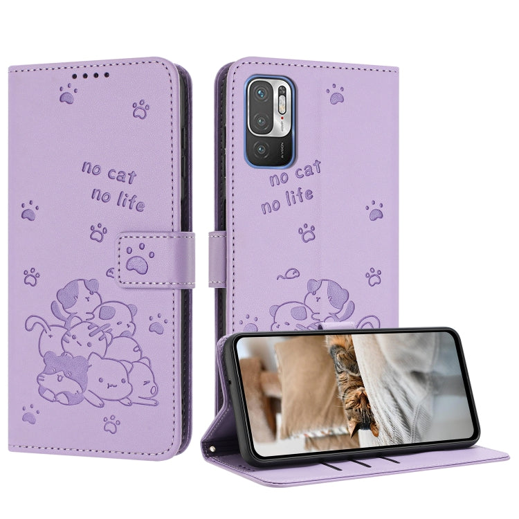 Embossed Kitten Phone Leather Case with Lanyard, For Redmi 10C 4G Global, For Redmi 10 / 10 Prime, For Redmi Note 10 Lite, For Redmi Note 10 5G / Note 10T 5G, For Redmi Note 10 Pro