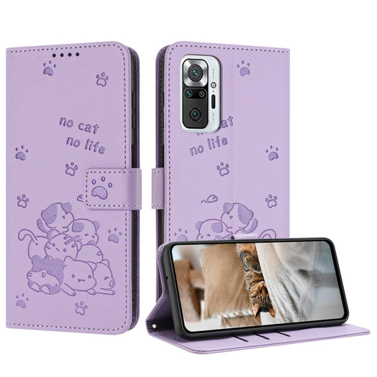 Embossed Kitten Phone Leather Case with Lanyard, For Redmi Note 10 Pro