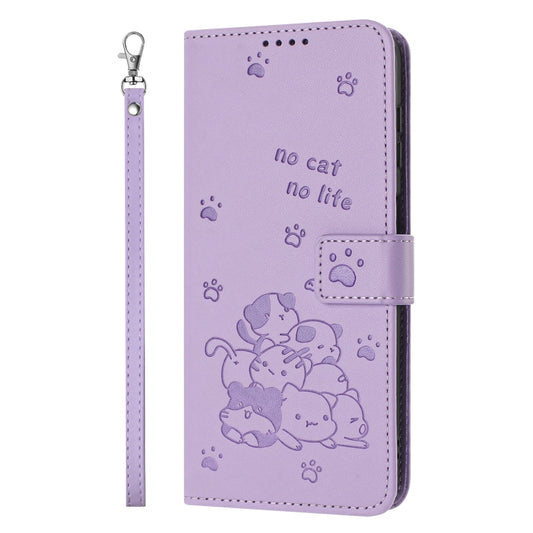 Embossed Kitten Phone Leather Case with Lanyard, For Redmi Note 10 Pro