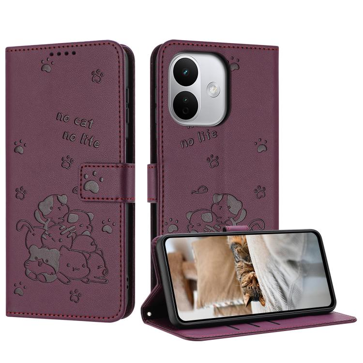 Embossed Kitten Phone Leather Case with Lanyard, For Redmi Note 17 Pro 5G Global 163mm, For Redmi Note 17 Pro+ 5G Global 163mm, For Redmi 17 5G / 4G Global 170mm, For Redmi Note 17 4G Global 171mm, For Redmi 15a 5G, For Redmi A7 Pro 4G 171mm           ...