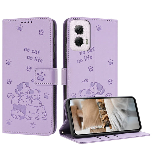 Embossed Kitten Phone Leather Case with Lanyard, For Motorola Moto G Power 5G 2024, For Motorola Moto G84, For Motorola Edge 40 Neo, For Motorola Moto G14, For Motorola Moto G Stylus 2023 4G, For Motorola Edge 40