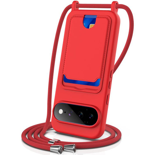 Integrated Card Bag Solid Color Liquid Silicone Phone Case with Lanyard, For Google Pixel 11 Pro XL, For Google Pixel 11, For Google Pixel 11 Pro, For Google Pixel 10a, For Google Pixel 10 Pro XL, For Google Pixel 10 Pro, For Google Pixel 10
