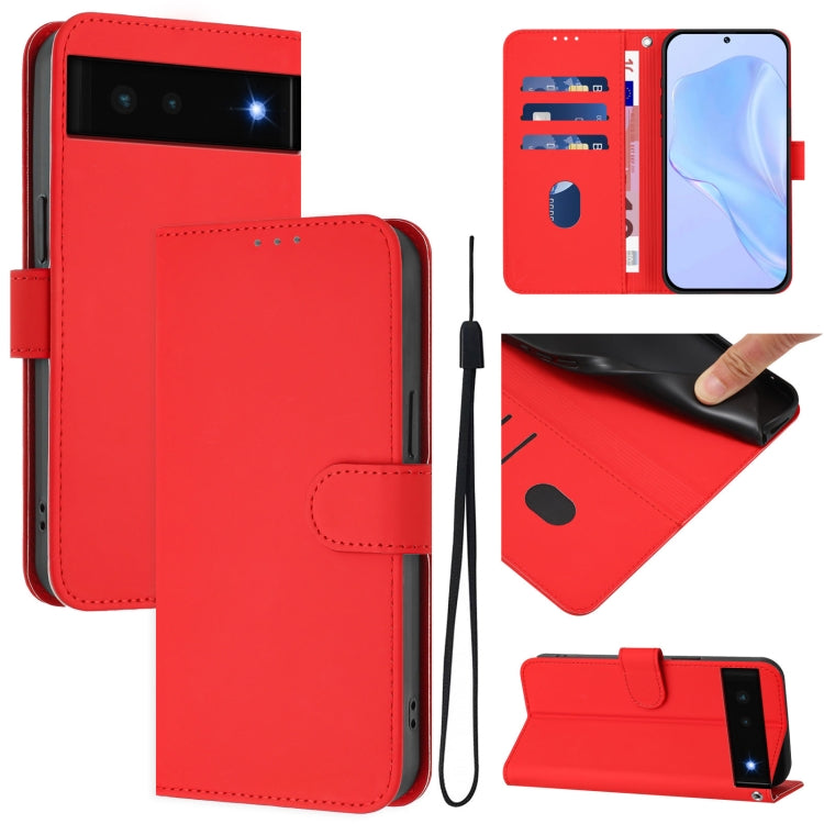 Skin Feel Solid Color Leather Phone Case with Lanyard, For Google Pixel 6, For Google Pixel 5a