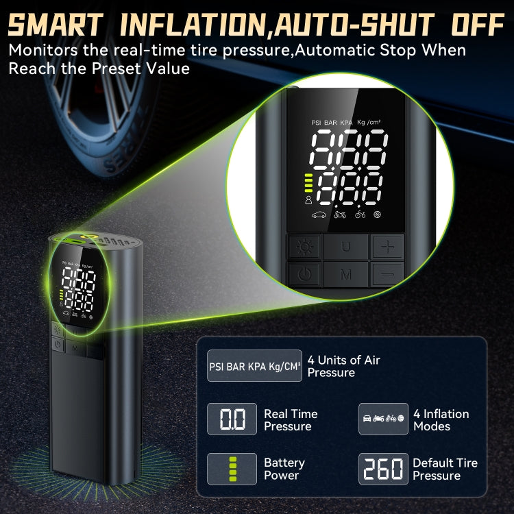 T8 Compresseur d'air électrique portable intelligent sans fil avec affichage numérique pour voiture, T8