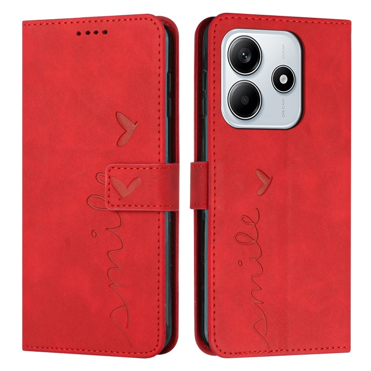 Skin Feel Heart Embossed Leather Phone Case with Long Lanyard, For Redmi Note 14 4G 163.25mm, For Redmi Note 14 5G Global