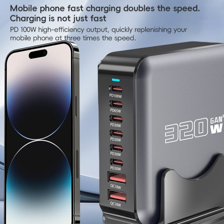 320W GaN 6 Type-C 2 USB Multi Ports Sharing Desktop Charger