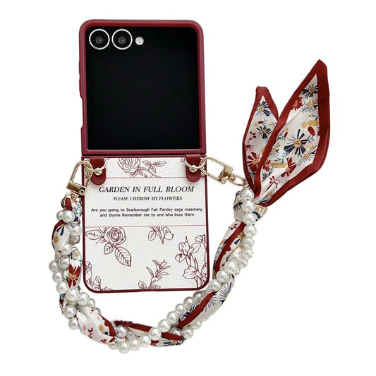 Sketch Flower Pattern Phone Case with Scarf Bracelet, For Galaxy Z Flip8 5G, For Samsung Galaxy Z Flip7 5G, For Samsung Galaxy Z Flip6, For Samsung Galaxy Z Flip5, For Samsung Galaxy Z Flip4