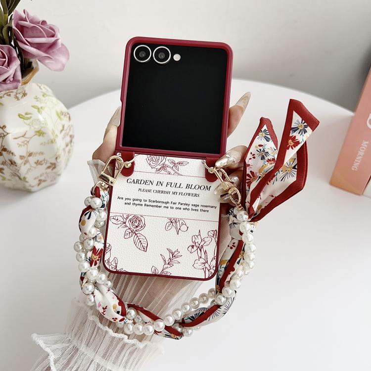 Sketch Flower Pattern Phone Case with Scarf Bracelet, For Galaxy Z Flip8 5G, For Samsung Galaxy Z Flip7 5G, For Samsung Galaxy Z Flip6, For Samsung Galaxy Z Flip5, For Samsung Galaxy Z Flip4