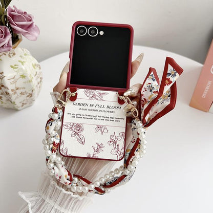 Sketch Flower Pattern Phone Case with Scarf Bracelet, For Galaxy Z Flip8 5G, For Samsung Galaxy Z Flip7 5G, For Samsung Galaxy Z Flip6, For Samsung Galaxy Z Flip5, For Samsung Galaxy Z Flip4