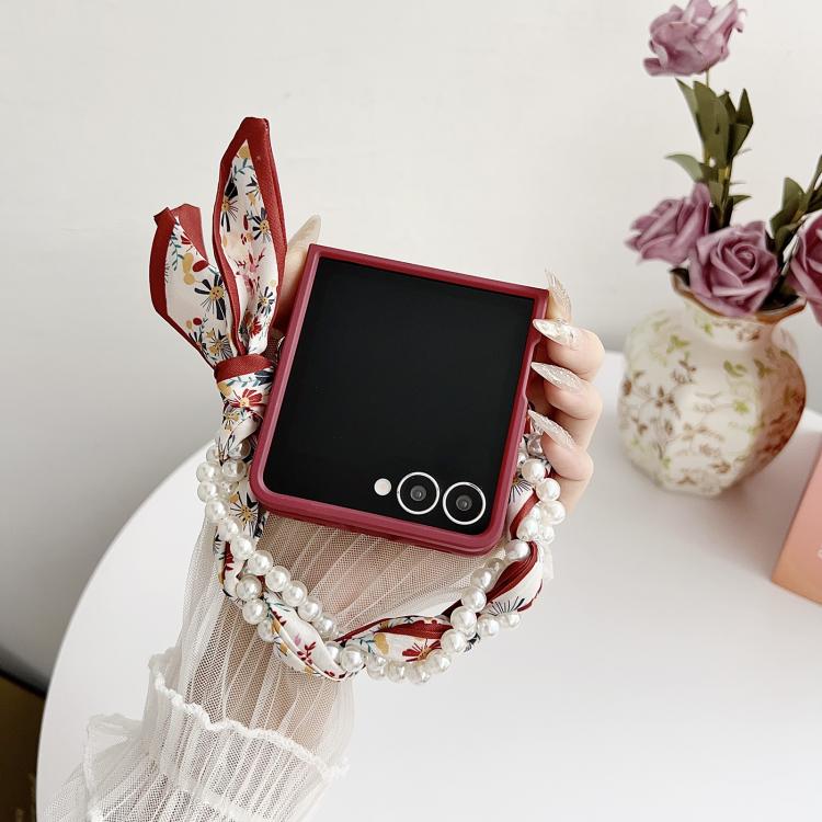 Sketch Flower Pattern Phone Case with Scarf Bracelet, For Galaxy Z Flip8 5G, For Samsung Galaxy Z Flip7 5G, For Samsung Galaxy Z Flip6, For Samsung Galaxy Z Flip5, For Samsung Galaxy Z Flip4