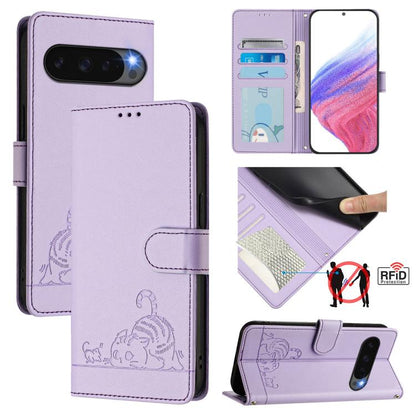 Cat Rat Embossed Pattern RFID Leather Phone Case with Lanyard, For Google Pixel 11 Pro XL, For Google Pixel 11 Pro / 11, For Google Pixel 10 Pro XL 5G Global, For Google Pixel 10 5G Global, For Google Pixel 9a