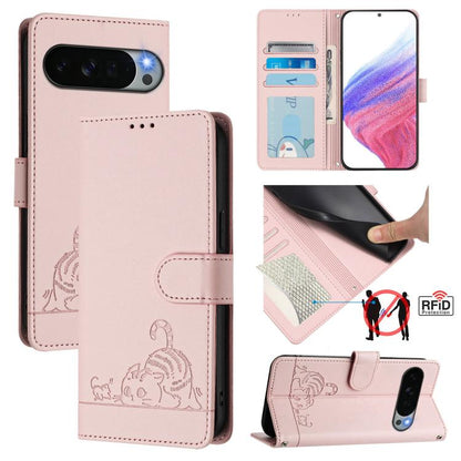 Cat Rat Embossed Pattern RFID Leather Phone Case with Lanyard, For Google Pixel 11 Pro XL, For Google Pixel 11 Pro / 11, For Google Pixel 10 Pro XL 5G Global, For Google Pixel 10 5G Global, For Google Pixel 9a