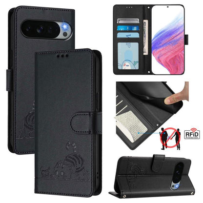 Cat Rat Embossed Pattern RFID Leather Phone Case with Lanyard, For Google Pixel 11 Pro XL, For Google Pixel 11 Pro / 11, For Google Pixel 10 Pro XL 5G Global, For Google Pixel 10 5G Global, For Google Pixel 9a