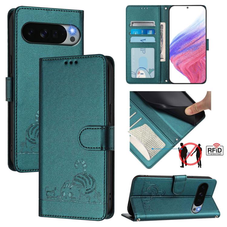 Cat Rat Embossed Pattern RFID Leather Phone Case with Lanyard, For Google Pixel 11 Pro XL, For Google Pixel 11 Pro / 11, For Google Pixel 10 Pro XL 5G Global, For Google Pixel 10 5G Global, For Google Pixel 9a