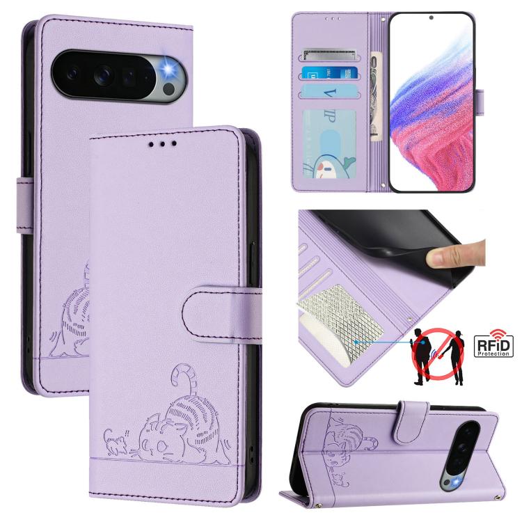 Cat Rat Embossed Pattern RFID Leather Phone Case with Lanyard, For Google Pixel 11 Pro XL, For Google Pixel 11 Pro / 11, For Google Pixel 10 Pro XL 5G Global, For Google Pixel 10 5G Global, For Google Pixel 9a