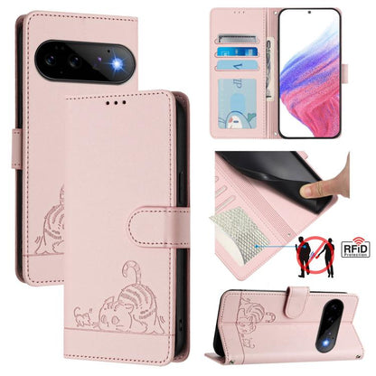Cat Rat Embossed Pattern RFID Leather Phone Case with Lanyard, For Google Pixel 11 Pro XL, For Google Pixel 11 Pro / 11, For Google Pixel 10 Pro XL 5G Global, For Google Pixel 10 5G Global, For Google Pixel 9a