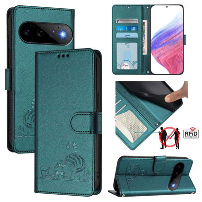 Cat Rat Embossed Pattern RFID Leather Phone Case with Lanyard, For Google Pixel 11 Pro XL, For Google Pixel 11 Pro / 11, For Google Pixel 10 Pro XL 5G Global, For Google Pixel 10 5G Global, For Google Pixel 9a