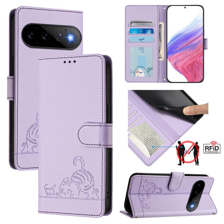 Cat Rat Embossed Pattern RFID Leather Phone Case with Lanyard, For Google Pixel 11 Pro XL, For Google Pixel 11 Pro / 11, For Google Pixel 10 Pro XL 5G Global, For Google Pixel 10 5G Global, For Google Pixel 9a