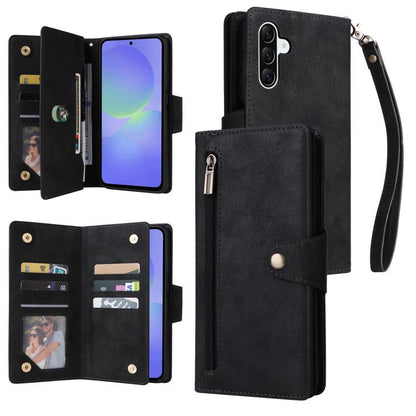 Rivet Buckle 9 Cards Three Fold Leather Phone Case, For Samsung Galaxy A07 4G / 5G, For Samsung Galaxy A17 5G, For Samsung Galaxy A56 5G, For Samsung Galaxy A26 5G, For Samsung Galaxy A36 5G, For Samsung Galaxy A16 5G, For Samsung Galaxy A06 4G
