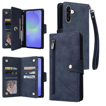 Rivet Buckle 9 Cards Three Fold Leather Phone Case, For Samsung Galaxy A07 4G / 5G, For Samsung Galaxy A17 5G, For Samsung Galaxy A56 5G, For Samsung Galaxy A26 5G, For Samsung Galaxy A36 5G, For Samsung Galaxy A16 5G, For Samsung Galaxy A06 4G