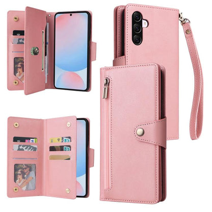 Rivet Buckle 9 Cards Three Fold Leather Phone Case, For Samsung Galaxy A07 4G / 5G, For Samsung Galaxy A17 5G, For Samsung Galaxy A56 5G, For Samsung Galaxy A26 5G, For Samsung Galaxy A36 5G, For Samsung Galaxy A16 5G, For Samsung Galaxy A06 4G