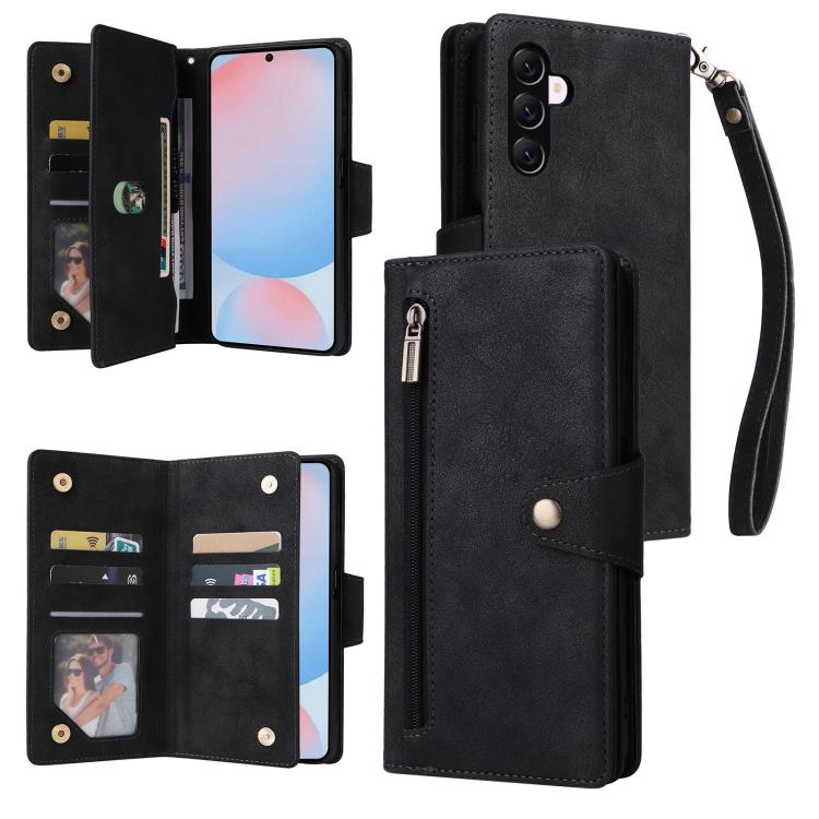 Rivet Buckle 9 Cards Three Fold Leather Phone Case, For Samsung Galaxy A07 4G / 5G, For Samsung Galaxy A17 5G, For Samsung Galaxy A56 5G, For Samsung Galaxy A26 5G, For Samsung Galaxy A36 5G, For Samsung Galaxy A16 5G, For Samsung Galaxy A06 4G