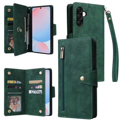 Rivet Buckle 9 Cards Three Fold Leather Phone Case, For Samsung Galaxy A07 4G / 5G, For Samsung Galaxy A17 5G, For Samsung Galaxy A56 5G, For Samsung Galaxy A26 5G, For Samsung Galaxy A36 5G, For Samsung Galaxy A16 5G, For Samsung Galaxy A06 4G