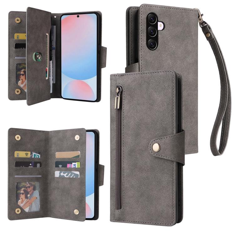 Rivet Buckle 9 Cards Three Fold Leather Phone Case, For Samsung Galaxy A07 4G / 5G, For Samsung Galaxy A17 5G, For Samsung Galaxy A56 5G, For Samsung Galaxy A26 5G, For Samsung Galaxy A36 5G, For Samsung Galaxy A16 5G, For Samsung Galaxy A06 4G