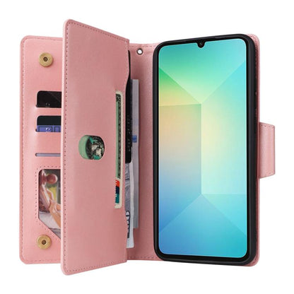Rivet Buckle 9 Cards Three Fold Leather Phone Case, For Galaxy A08 / A07 4G / 5G, For Galaxy A18 / A17 4G / 5G, For Galaxy A57 5G, For Galaxy A37 5G, For Galaxy A27 5G, For Galaxy A56 5G, For Galaxy A26 5G, For Galaxy A36 5G, For Galaxy A16 5G         ...