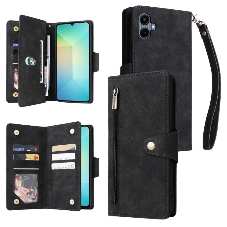 Rivet Buckle 9 Cards Three Fold Leather Phone Case, For Samsung Galaxy A07 4G / 5G, For Samsung Galaxy A17 5G, For Samsung Galaxy A56 5G, For Samsung Galaxy A26 5G, For Samsung Galaxy A36 5G, For Samsung Galaxy A16 5G, For Samsung Galaxy A06 4G