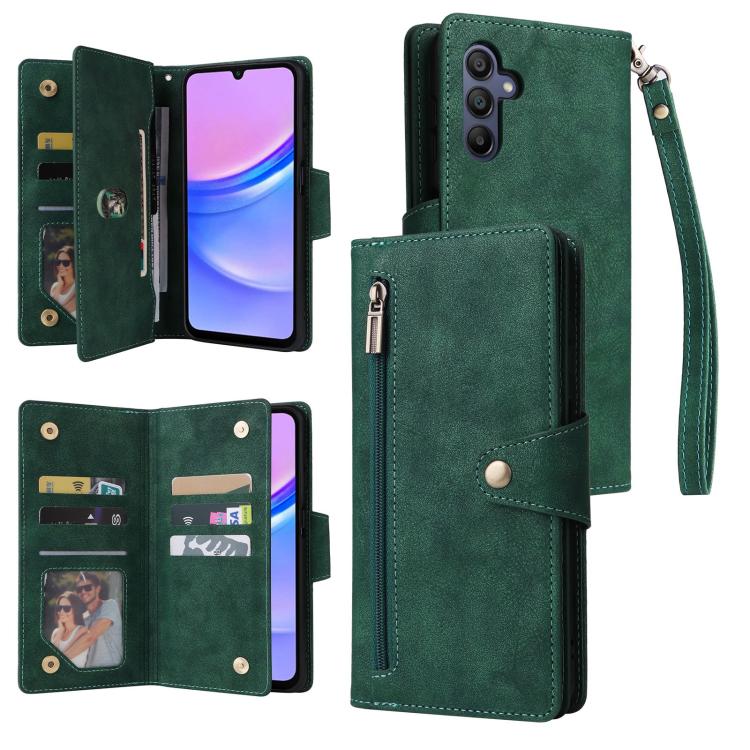 Rivet Buckle 9 Cards Three Fold Leather Phone Case, For Samsung Galaxy A07 4G / 5G, For Samsung Galaxy A17 5G, For Samsung Galaxy A56 5G, For Samsung Galaxy A26 5G, For Samsung Galaxy A36 5G, For Samsung Galaxy A16 5G, For Samsung Galaxy A06 4G