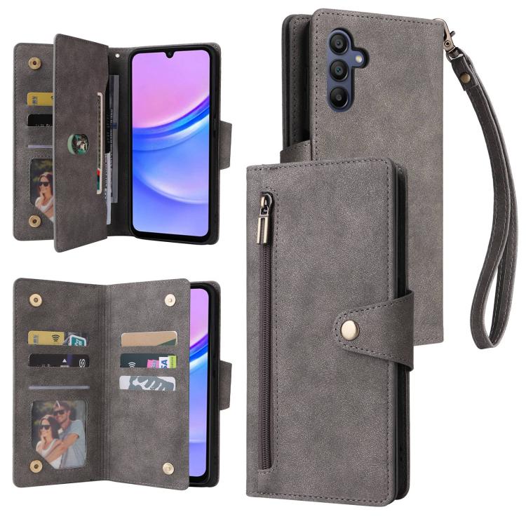 Rivet Buckle 9 Cards Three Fold Leather Phone Case, For Samsung Galaxy A07 4G / 5G, For Samsung Galaxy A17 5G, For Samsung Galaxy A56 5G, For Samsung Galaxy A26 5G, For Samsung Galaxy A36 5G, For Samsung Galaxy A16 5G, For Samsung Galaxy A06 4G